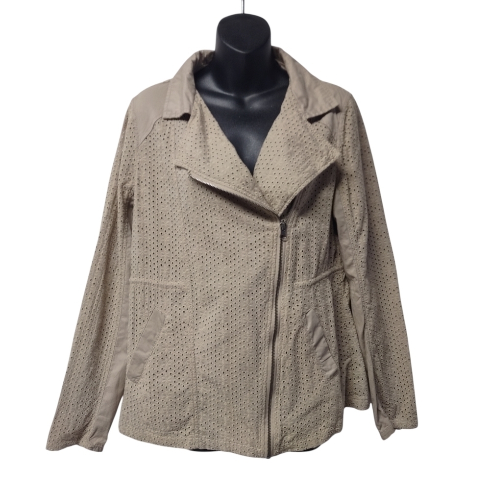 Me Jane Jacket Women Small Brown Eyelet Asymmetric Zip Up Blazer Casual Jacket